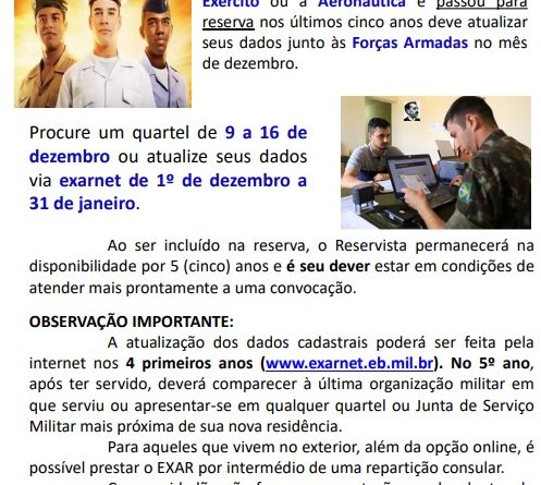 Reservistas devem se apresentar em dezembro para o Exar 2012