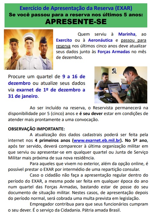 Exército Brasileiro convoca Reservistas para EXAR