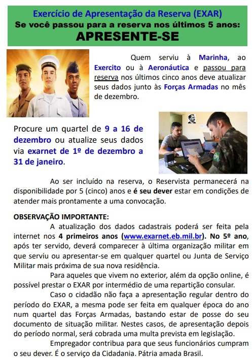 Exército Brasileiro convoca reservistas licenciados para Exercício