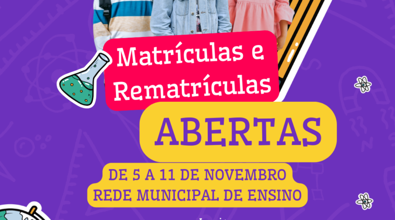 Matrículas e rematrículas escolares iniciam no dia 5 de novembro