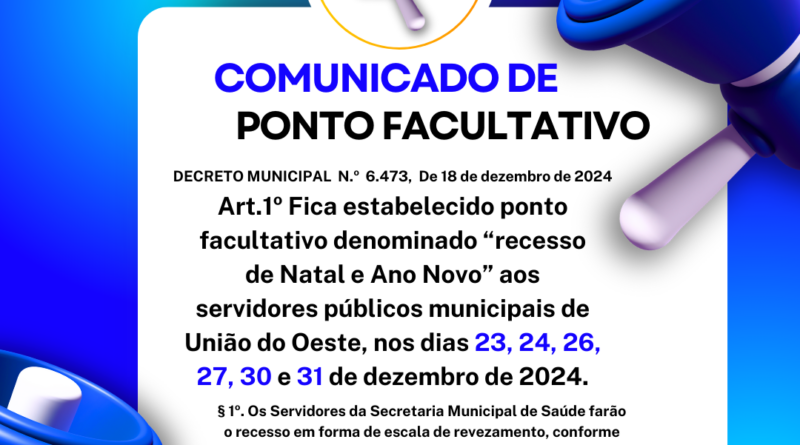 Prefeitura decreta ponto facultativo de recesso de Natal e de Ano Novo